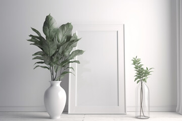 Empty white frame mockup with plant in trendy vase on white wall, Generative AI	