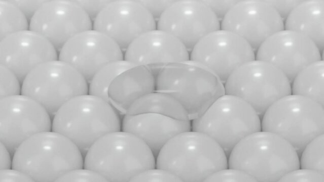 A transparent bubble containing the essence falls down and penetrates the simulated pearl layer for the epidermis. Illustration scene for advertising cosmetic. 3d rendering