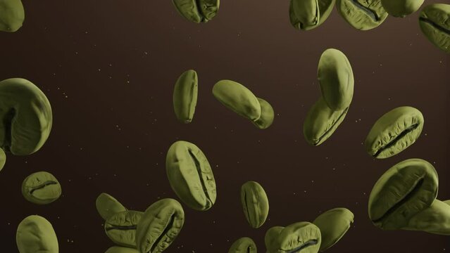 Slow motion green coffee beans falling down on a black background. Illustration scene for coffee products, drinks every morning to help wake up