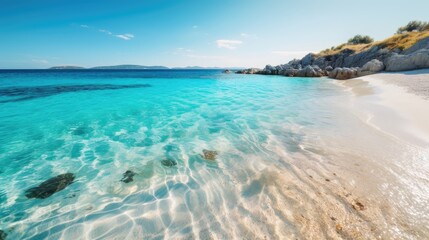 Panorama of a beautiful white sand beach and turquoise water, blue sky. Holiday summer beach background. Wave of the sea on the sand beach. generative ai
