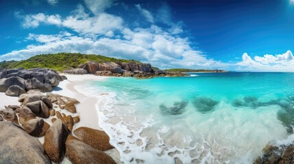Fototapeta na wymiar Panorama of a beautiful white sand beach and turquoise water, blue sky. Holiday summer beach background. Wave of the sea on the sand beach. generative ai