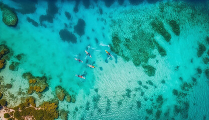 Fototapeta na wymiar Aerial top down people snorkeling on coral reef tropical caribbean sea, turquoise blue water Generative AI