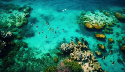 Naklejka na ściany i meble from far angle view, people snorkeling on coral reef tropical caribbean sea, Generative AI