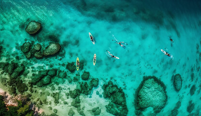 Fototapeta na wymiar from far angle view, people snorkeling on coral reef tropical caribbean sea, Generative AI