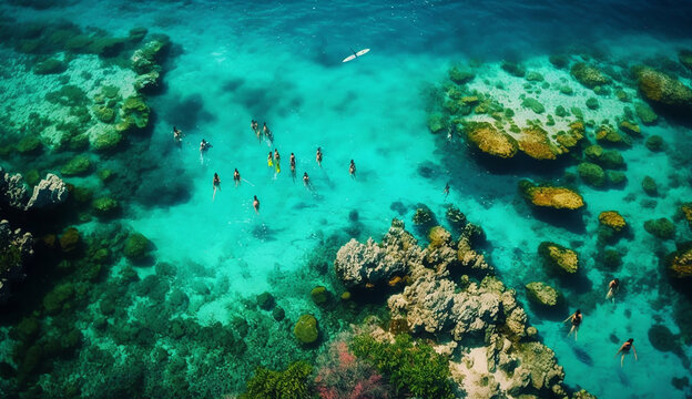 from far angle view, people snorkeling on coral reef tropical caribbean sea, Generative AI