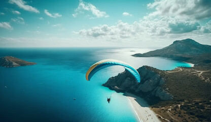 Paragliding in the sky. Paraglider tandem flying over the sea with blue water and mountains Generative AI