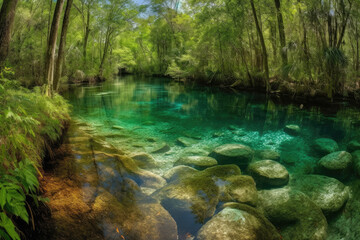 Fototapeta premium Florida spring-fed river panorama created with Generative AI technology