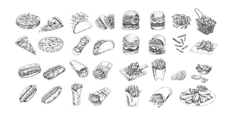 Hand-drawn sketch of burgers, potato french fries, chips,  potato slices, pizza, hot dogs, burritos, tacos set. Vintage illustration. Great for menu, poster or restaurant background.