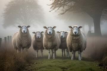Fototapeta premium herd of sheep in the fog created with Generative AI technology