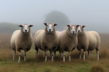 Obraz na płótnie Canvas herd of sheep in the fog created with Generative AI technology