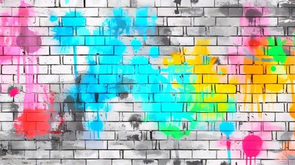 white, pastel and colorful splashes, brick wall banner background (generative ai)