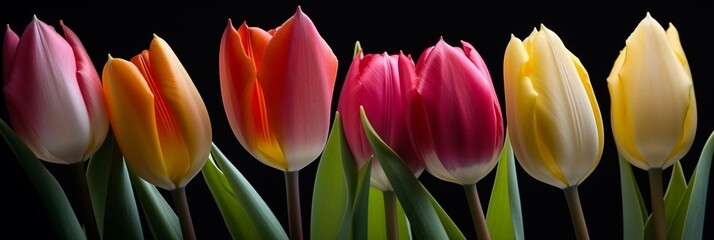 Row of colorful, bright, spring tulips (generative ai)