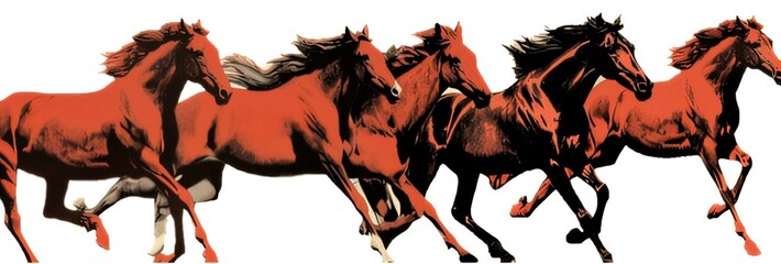 Line of red and black, galloping, horses (generative ai)