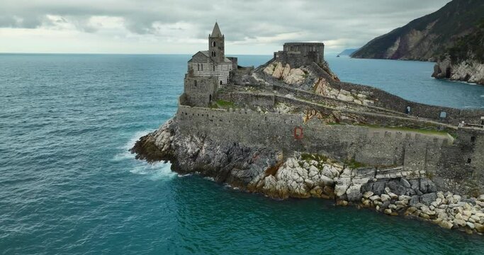 Aerial of Porto Venere Landmark San Pietro Church on Coast of Italy Cinque Terre La Spezia Europe