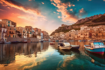 Fototapeta premium Sicilian port of Castellammare del Golfo, amazing coastal village of Sicily island, province of Trapani, Italy created with Generative AI technology