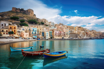 Sicilian port of Castellammare del Golfo, amazing coastal village of Sicily island, province of Trapani, Italy created with Generative AI technology - obrazy, fototapety, plakaty
