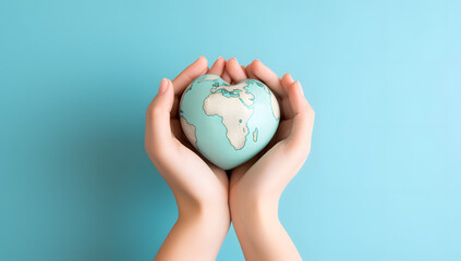 Heart shaped earth in hands on blue background, in the style of light teal and light navy, the aesthetic movement, travel, gorecore, website, lovely, biblical themes , Generative Ai