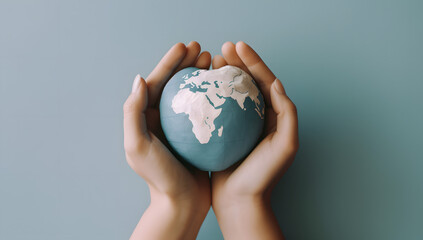 Two hands containing a heart shape shaped earth model, in the style of light navy and sky-blue, global influences, smilecore, advertising-inspired, traditional craftsmanship, unilaliani, Generative Ai