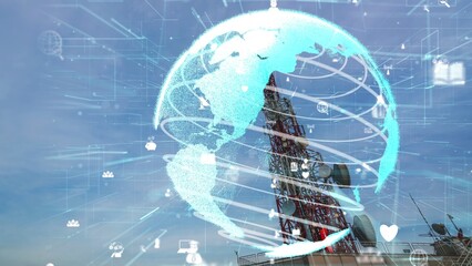 Telecommunication tower with 3D graphic of global business alteration and e-commerce against blue sky in concept of worldwide internet network connections .