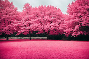 Pink trees from near infared style. Generative AI