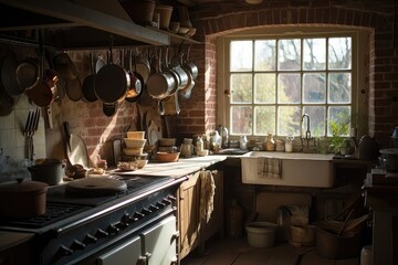 Fototapeta na wymiar Countryside Comforts: Rustic Kitchen for Hearty Meals 2. Generative AI