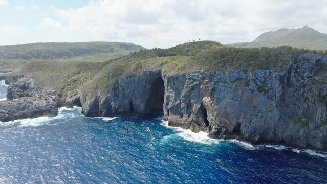 Cabo Cabron National Park Also Known As "The Three Doors" In Samana, Dominican Republic - aerial drone shot