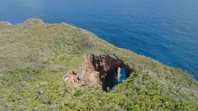 Cliff And Majestic Ocean, Cabo Cabron National Park "The Three Doors" In Samana, Dominican Republic - aerial shot