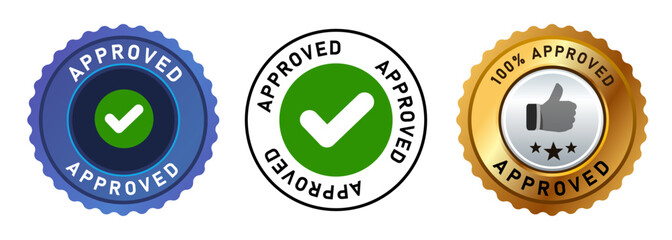 Accepted quality control check mark emblem sticker label round in gold blue and white color