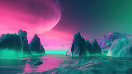  abstract panoramic background. Seascape with cliffs under the pink blue night gradient sky with northern lights, fantasy scenery wallpaper with Aurora Borealis