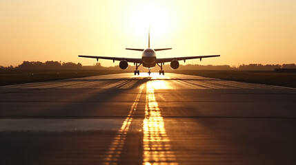 Fototapeta na wymiar Airplane landing on sunset