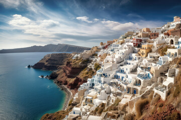 Fototapeta na wymiar Panorama of famous greece city Oia. Santorini island created with Generative AI technology