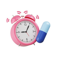 Alarm clock object with capsule pills. Healthcare remind you to take your medicine on time, pharmacy, prescription, supplements or vitamins. PNG file. 3D Illustration.