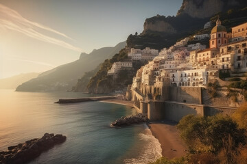 Fototapeta na wymiar Morning view of Amalfi cityscape on coast line of mediterranean sea, Italy created with Generative AI technology