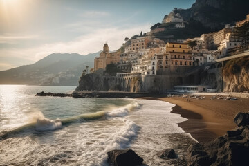 Fototapeta na wymiar Morning view of Amalfi cityscape on coast line of mediterranean sea, Italy created with Generative AI technology