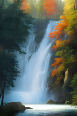 Fototapeta na wymiar landscape of a waterfall in the forest in autumn, cascade, falls, illustration Generative AI