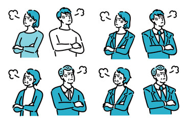 腕を組んで怒っている様々な年代のスーツを着た男性と女性のセット
