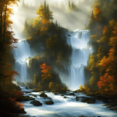 two waterfalls in a forest in autumn with fog, falls, cascades, Generative AI