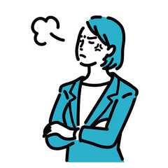 腕を組んで怒っているスーツを着た若い女性
