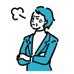 腕を組んで怒っているスーツを着た中年女性
