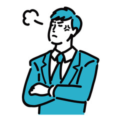 腕を組んで怒っているスーツを着た若い男性
