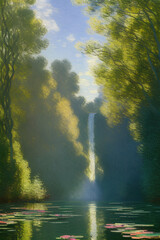 Fototapeta na wymiar Impressionist painting of a waterfall falling in a lake with lily pads, landscape, Generative AI
