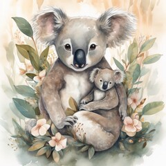 Watercolor illustration of koala mother with her baby on a floral background Generative Ai
