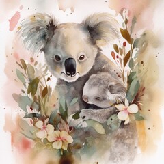 Watercolor illustration of koala mother with her baby on a floral background Generative Ai
