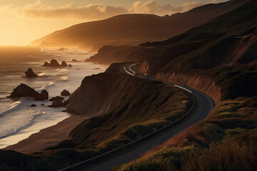 Fototapeta premium street on coastline with sunrise created with Generative AI technology