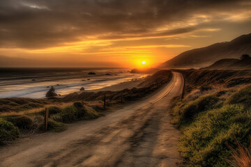 street on coastline with sunrise created with Generative AI technology