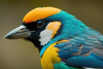 Golden breasted Starling bird in the treetops in a tropical rainforest, Amazon of Brazil. Wildlife concept of ecological environment. Generative AI