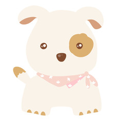 White dog with brown dot and pink scarf