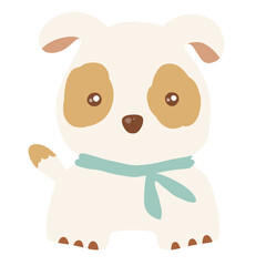 White dog with brown dots and greey scarf