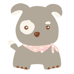 Grey dog with dot and pink scarf