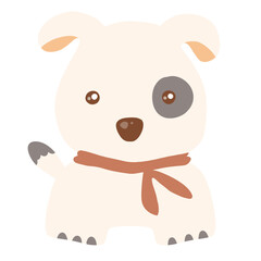 White dog with grey dot and brown scarf